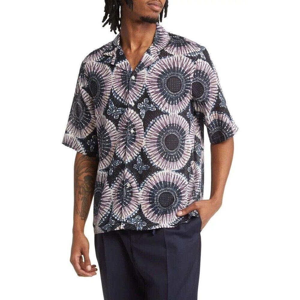 OFFICINE GENERALE Shirt Mens Small Navy Button Up Camp Shirt Medallion EREN $315